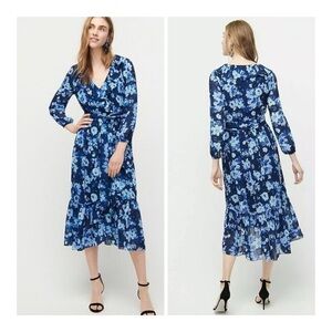NEW J.Crew Watercolors Begonia Blue Floral Faux Wrap Ruffle Hem Midi Dress Sz 2